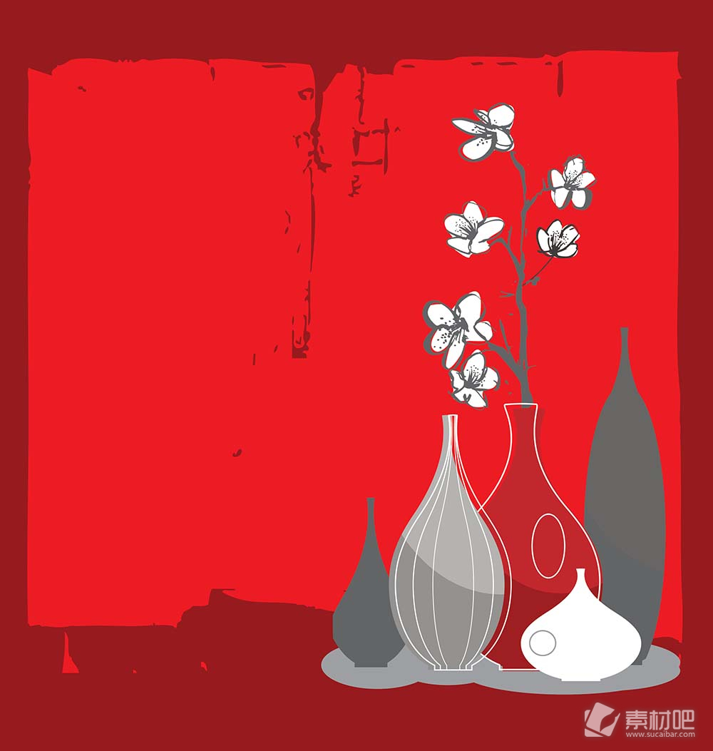 花瓶中菊花红色背景矢量素材