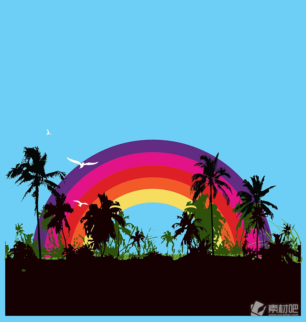 彩虹下椰子树矢量素材