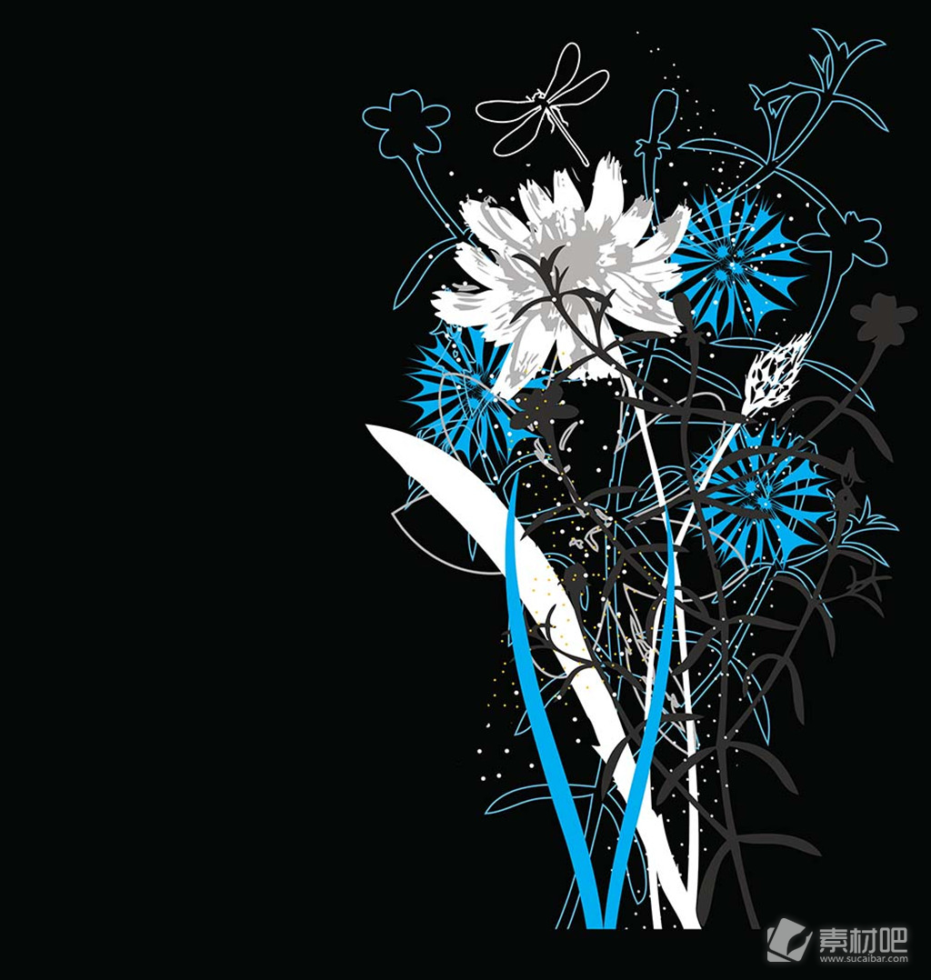 蓝色花卉黑色背景矢量素材