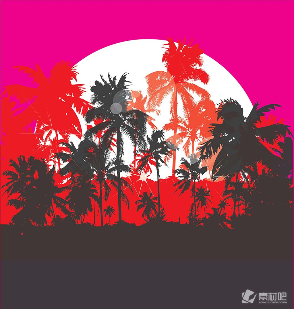 椰树风景红色背景矢量素材