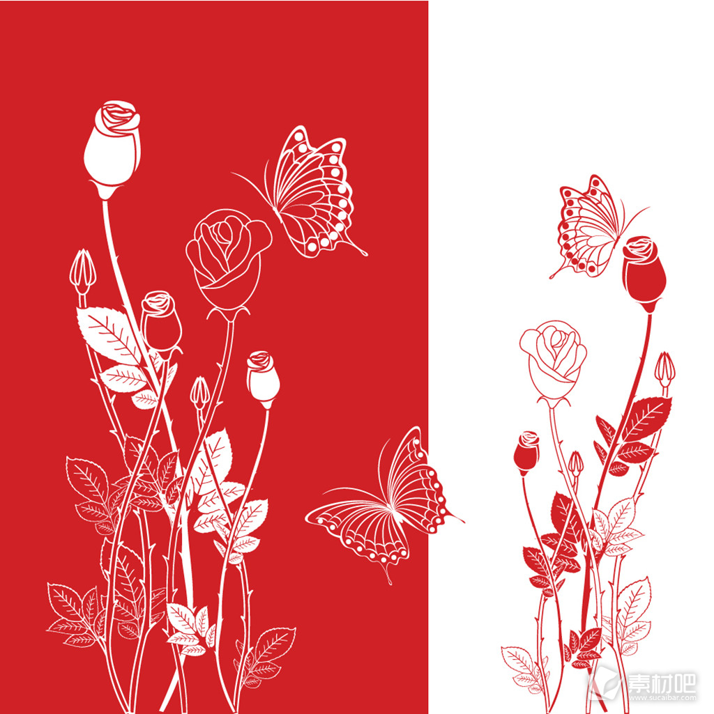 红色花卉蝴蝶设计背景矢量素材