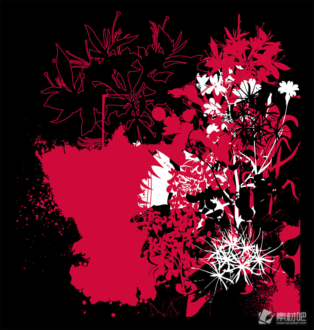 黑色背景红白黑花卉矢量素材