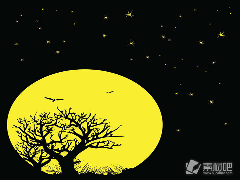 星星月亮黑夜树木鸟矢量素材