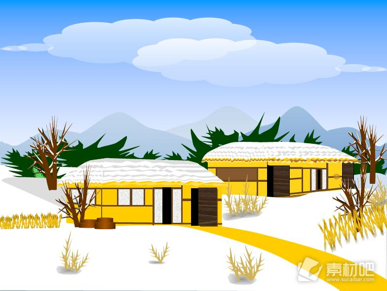 大雪覆盖的卡通篱笆房屋风景PPT模板