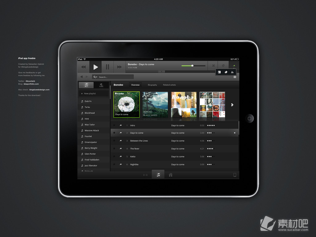 ipad音乐app界面黑色PSD素材