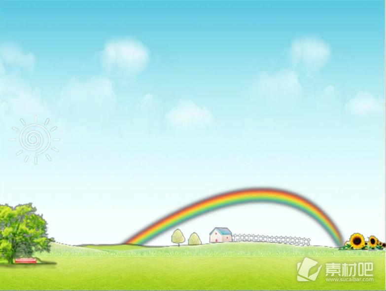 彩虹下的草地房屋风景PPT模板