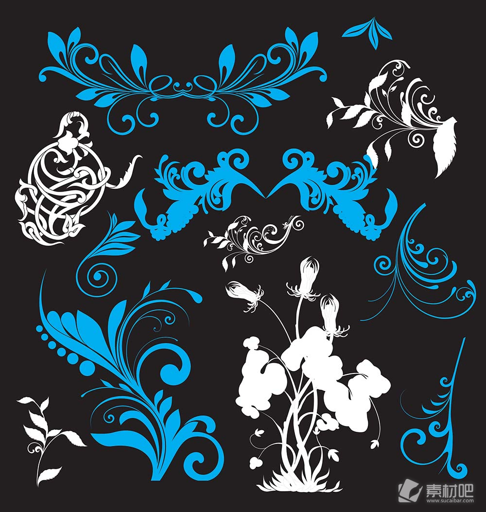 蓝色白色花卉边框矢量素材