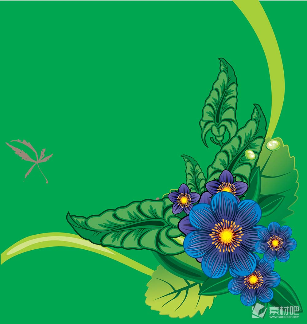 绿色背景紫色花朵蜻蜓矢量素材