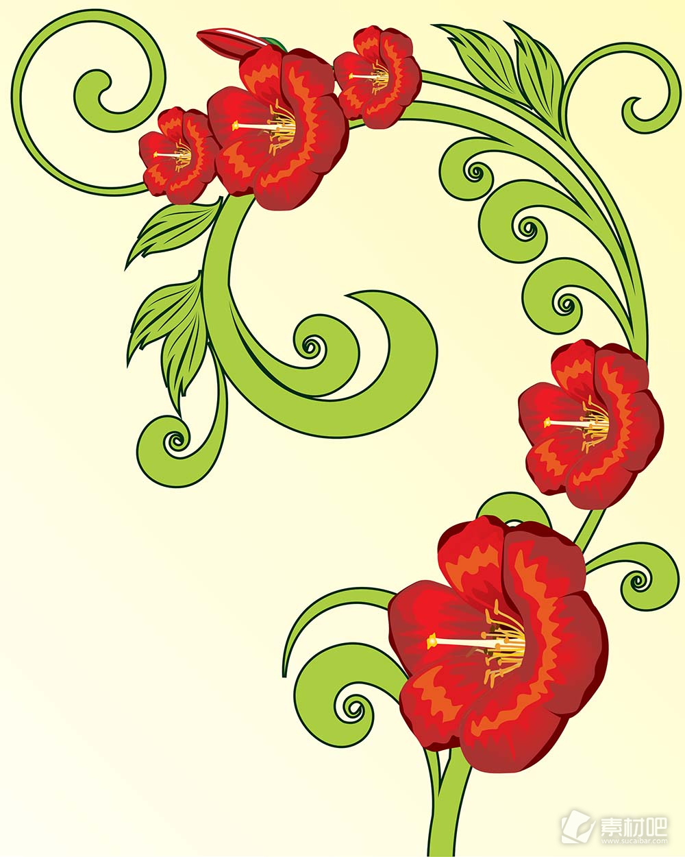 红色带花蕊的花卉绿色枝叶矢量素材