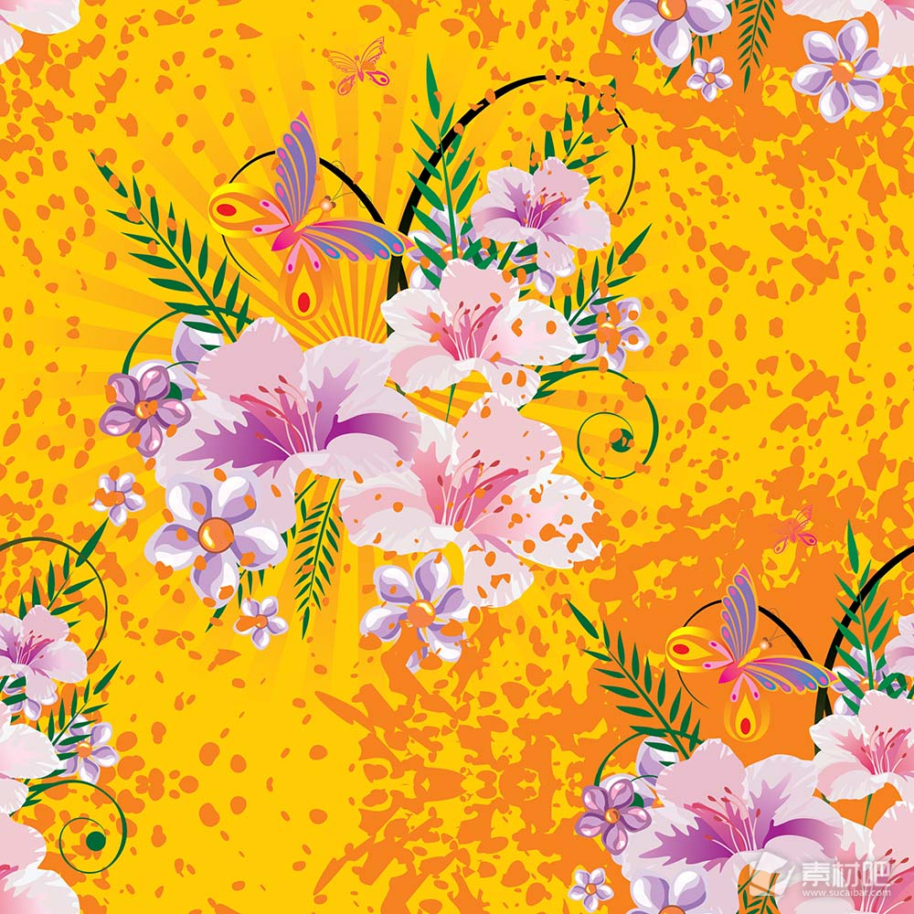 黄色的背景粉红色的花朵蝴蝶矢量素材