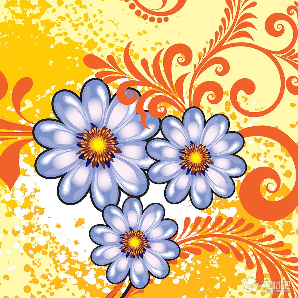 黄色花蕊蓝色花朵橘黄色枝叶矢量素材