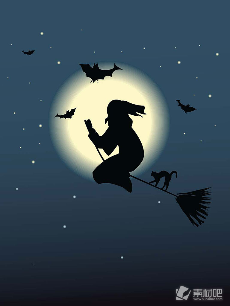 黑夜女巫骑着扫把飞行矢量素材