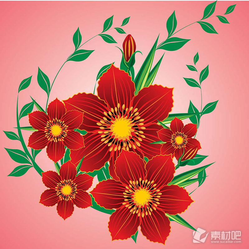 五朵红色菊花花卉背景矢量素材