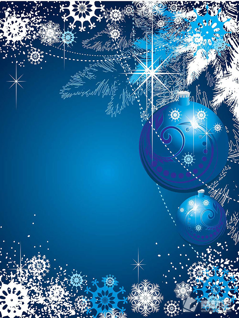 蓝色圣诞球白色雪花边框矢量素材