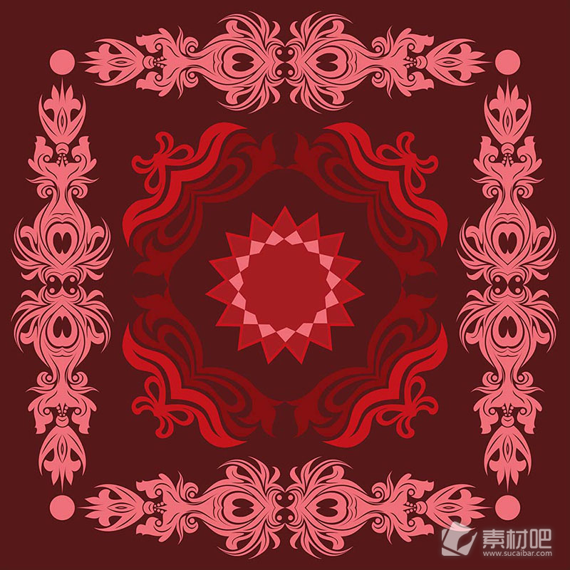 红色复古多层花卉边框矢量素材
