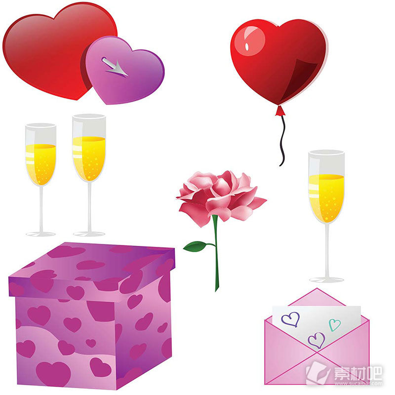 气球香槟礼盒玫瑰矢量素材