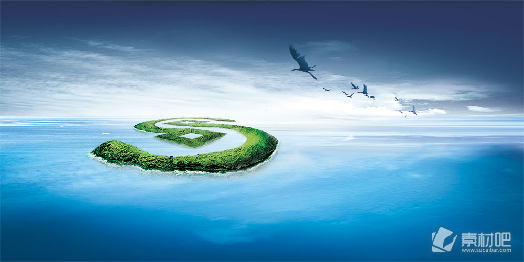 水天一色的背景绿色的小岛飞翔的仙鹤PSD素材
