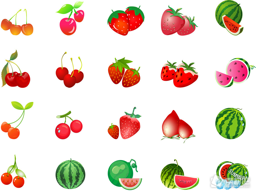 草莓西瓜樱桃等新鲜水果图标矢量素材