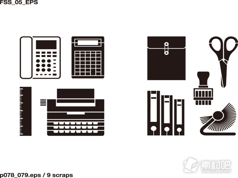 剪刀文件夹印章资料袋计算器电话等黑白剪影矢量素材