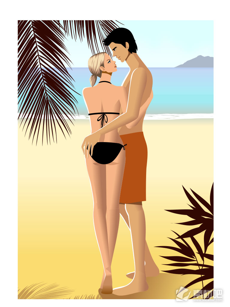 海边沙滩上的甜蜜情侣卡通矢量素材