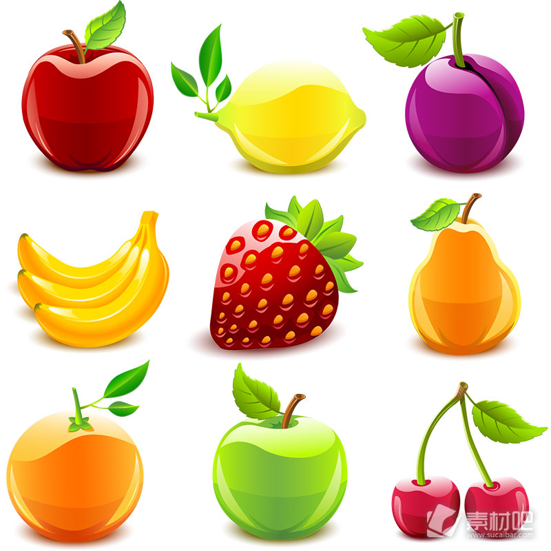 草莓苹果香蕉樱桃等新鲜水果图标矢量素材