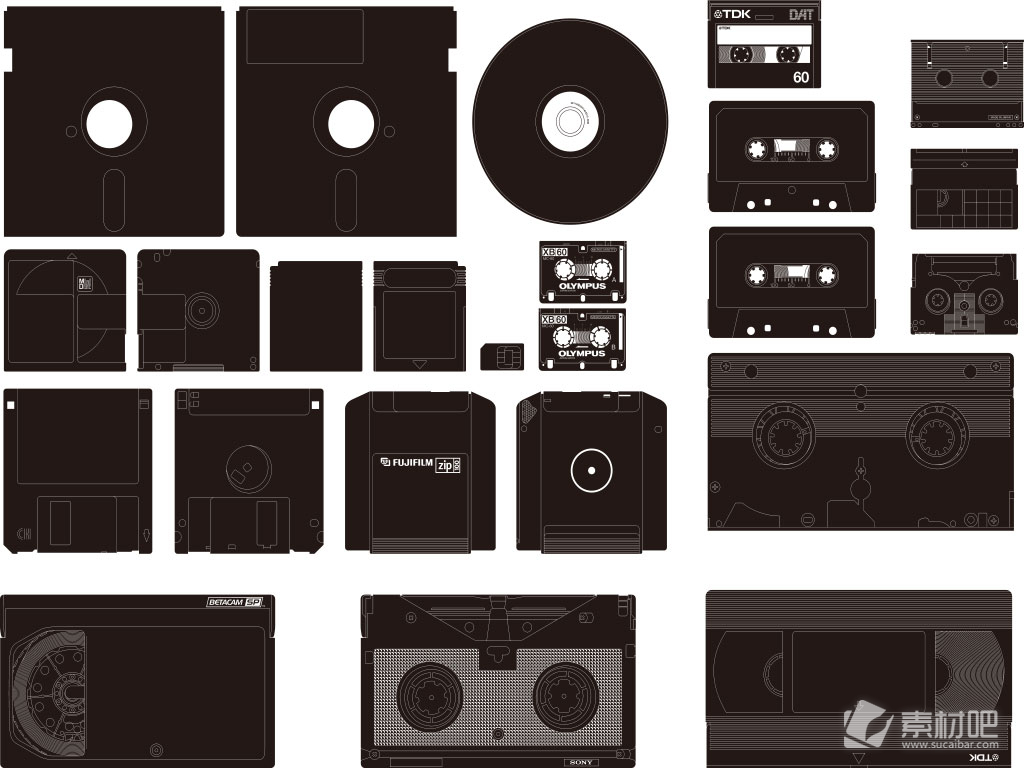 唯美黑白唱片磁带录音带CD等音乐矢量素材