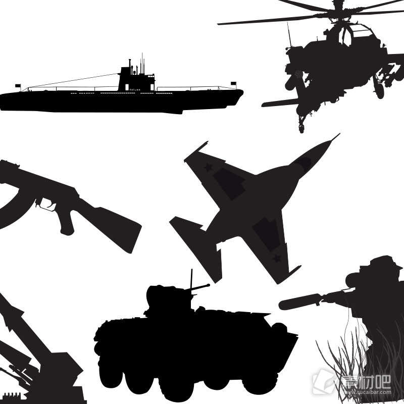 飞机坦克航空母舰等军事武器黑白图标矢量素材