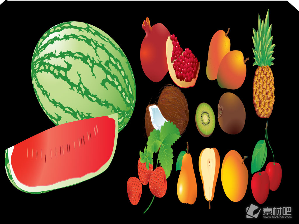 西瓜猕猴桃草莓菠萝椰子等水果图标矢量素材