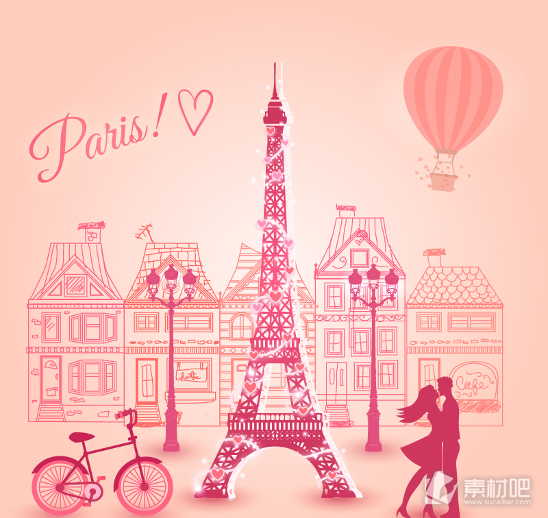 粉色浪漫漫画巴黎之旅矢量素材