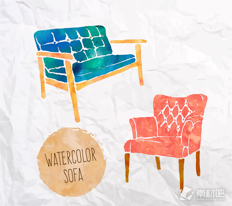 水彩绘沙发矢量图片 AI