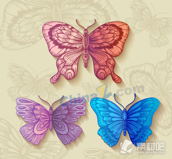 3个复古色彩手绘蝴蝶