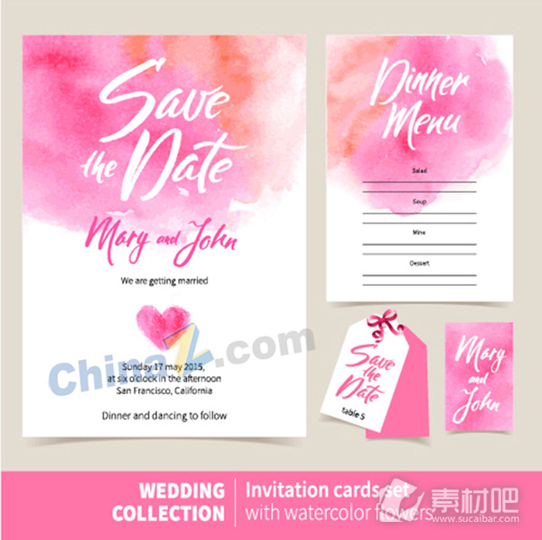 粉色水彩婚礼卡片设计