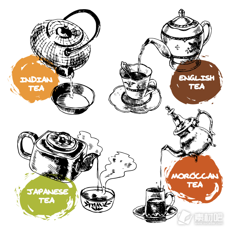 4国下午茶手绘茶壶设计矢量素材