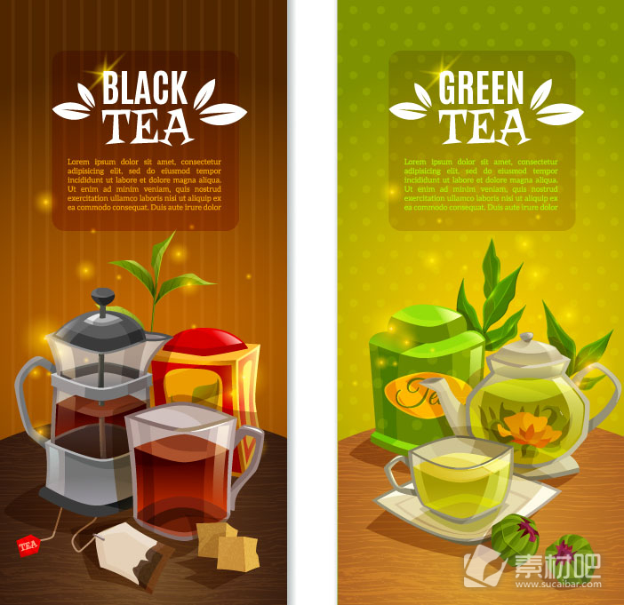2款创意绿茶和红茶茶饮品banner矢量素材