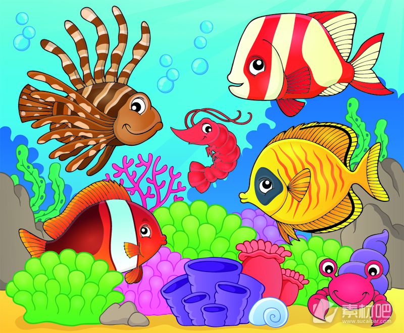 彩色卡通海底世界和鱼类矢量素材