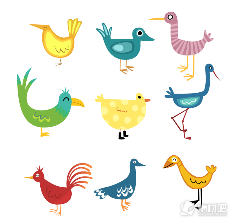 9种彩色卡通鸟类设计矢量素材