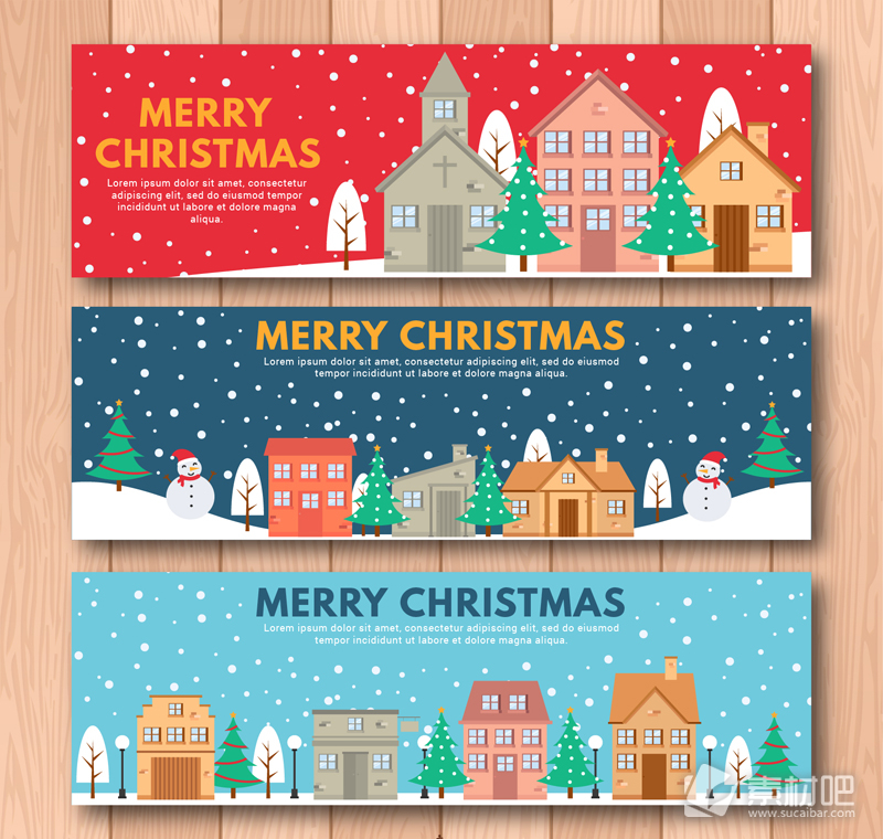 3款雪中的圣诞小城banner矢量素材
