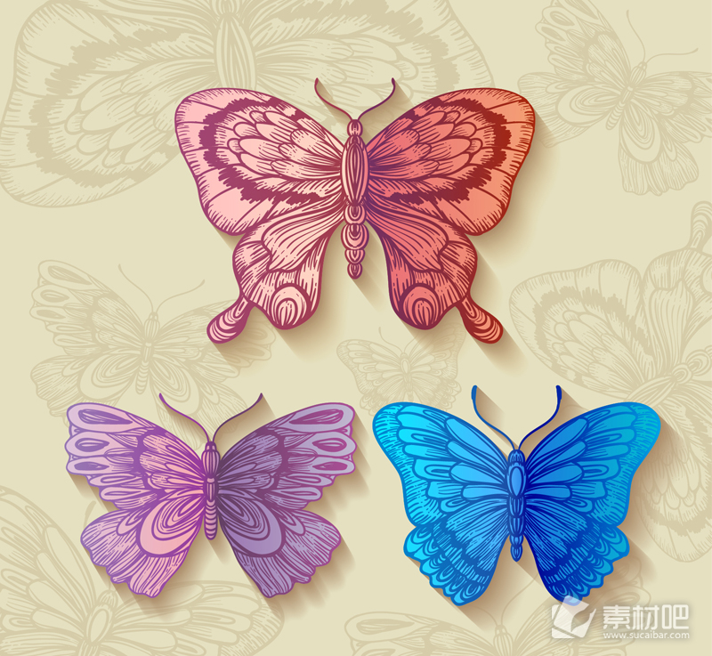 3款彩色花纹蝴蝶矢量素材