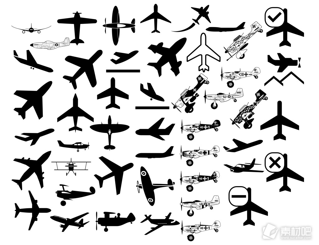 各种型号黑白飞机的分层图标png格式