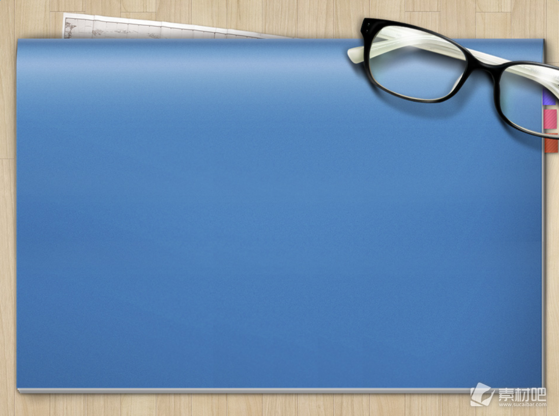 木纹桌面摆放眼镜蓝色记事本清新怀旧风通用商务ppt模板