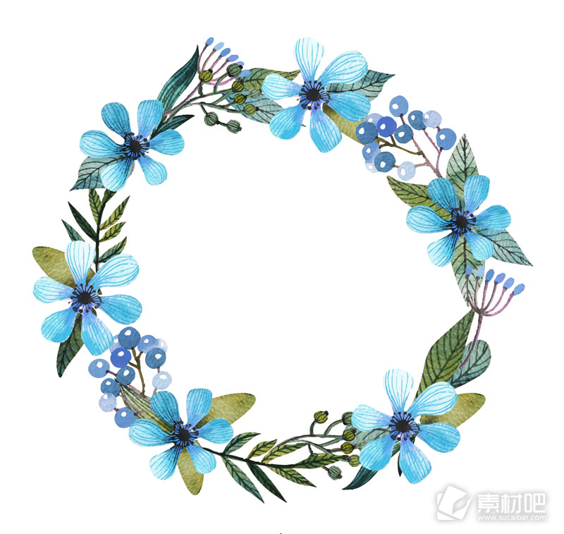 花卉蓝色彩绘花环矢量素材