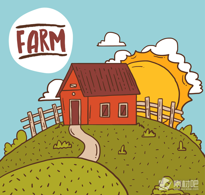 卡通农场房屋和太阳风景矢量素材