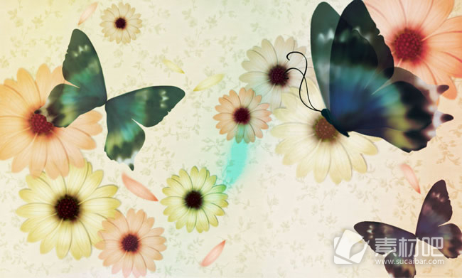 手绘蝴蝶花朵水彩画PSD免费素材