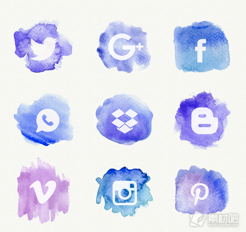 9款蓝色水彩绘社交媒体图标矢量图