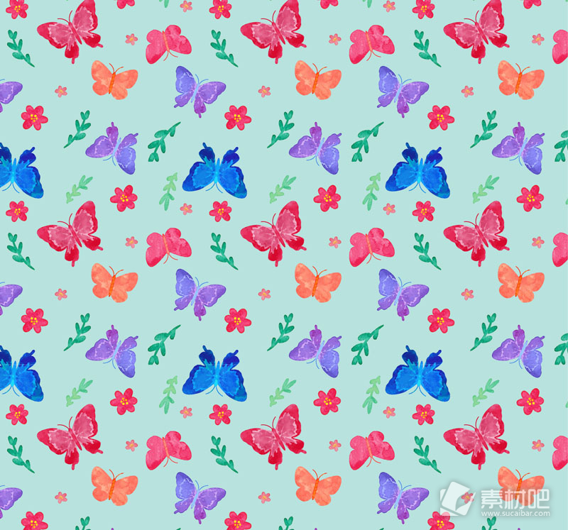 彩色蝴蝶和花朵无缝背景矢量素材