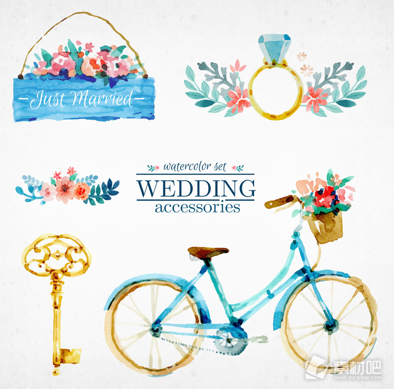 5款水彩绘婚礼装饰物矢量图