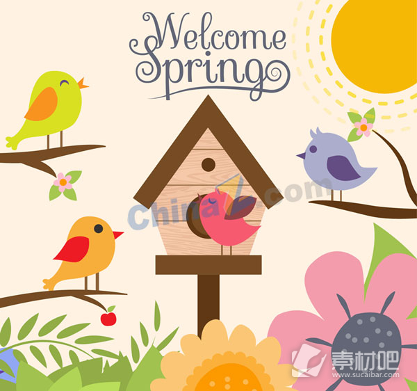 卡通春季鸟和花卉矢量素材