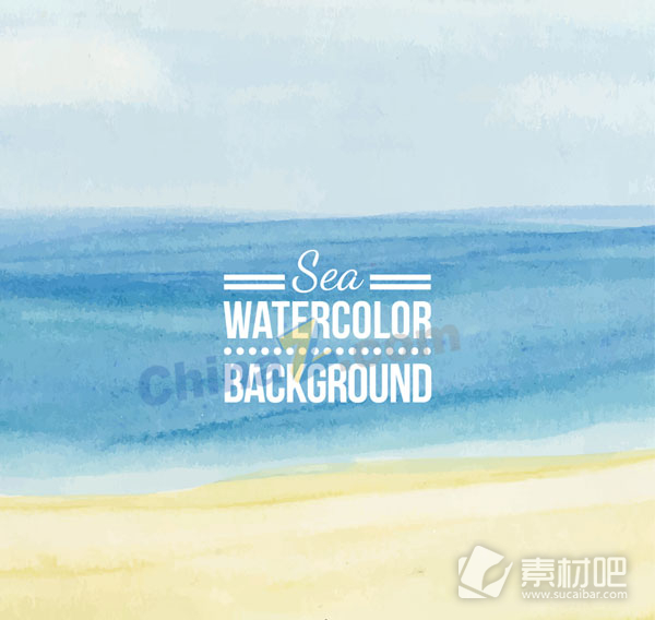 水彩绘蓝色大海与沙滩矢量素材