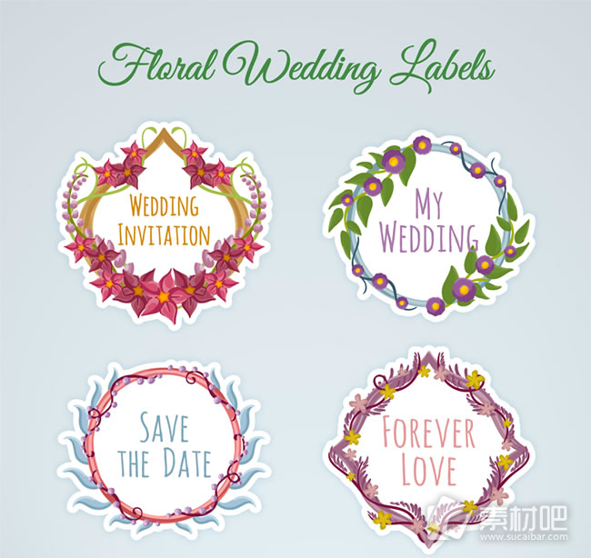 4款婚礼花卉标签矢量素材