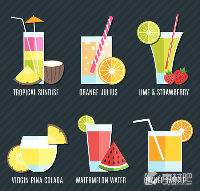 6款夏季果汁饮品矢量图